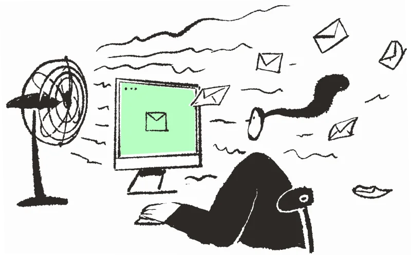 Ilustración Workland de una persona frente al caos operativo con sobres volando