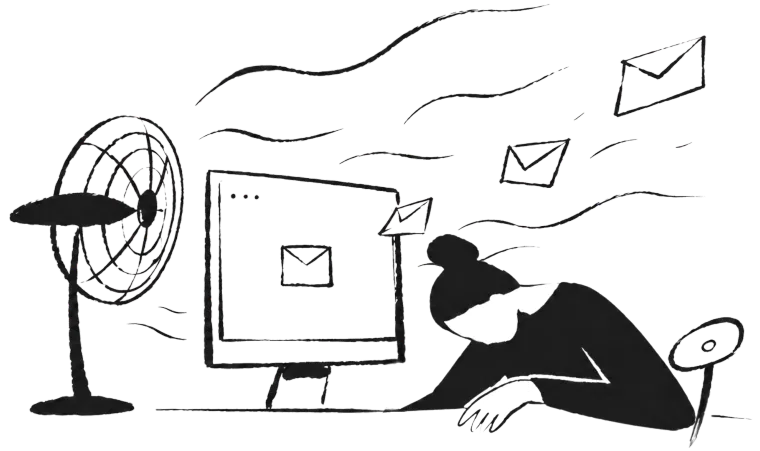 Ilustración de una persona frente al caos operativo con sobres volando