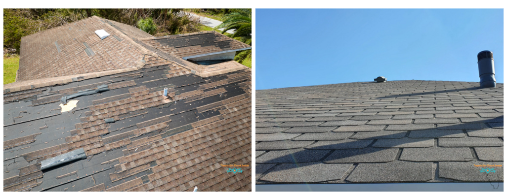 Before and after roof damage repair following a hurricane.