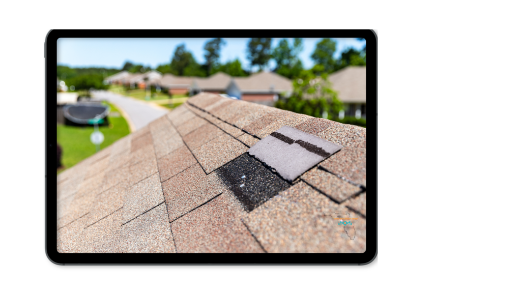 Homeowner reviewing roof damage via drone footage on a tablet.
