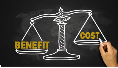 A chalkboard drawing of a scale balancing the words 'BENEFIT' and 'COST,' emphasizing cost-effectiveness.