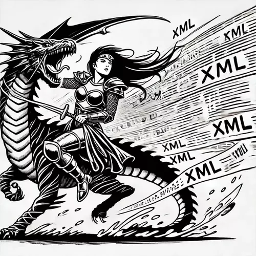 Guerrera sobre un dragón con estela de datos XML, simbolizando la comunicación con FUNDAE.