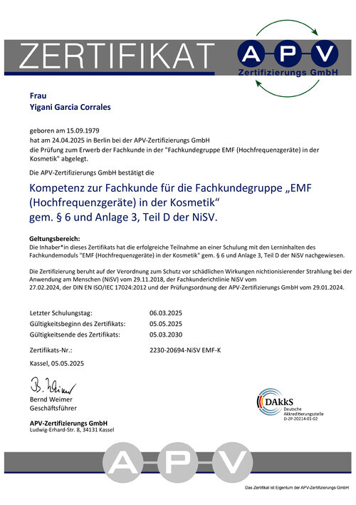 Kompetenz zur Fachkunde für die Fachkundegruppe „EMF (Hochfrequenzgeräte) in der Kosmetik“ gem. § 6 und Anlage 3, Teil D der NiSV.