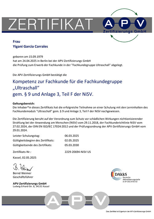 Kompetenz zur Fachkunde für die Fachkundegruppe „Ultraschall“ gem. § 9 und Anlage 3, Teil F der NiSV.