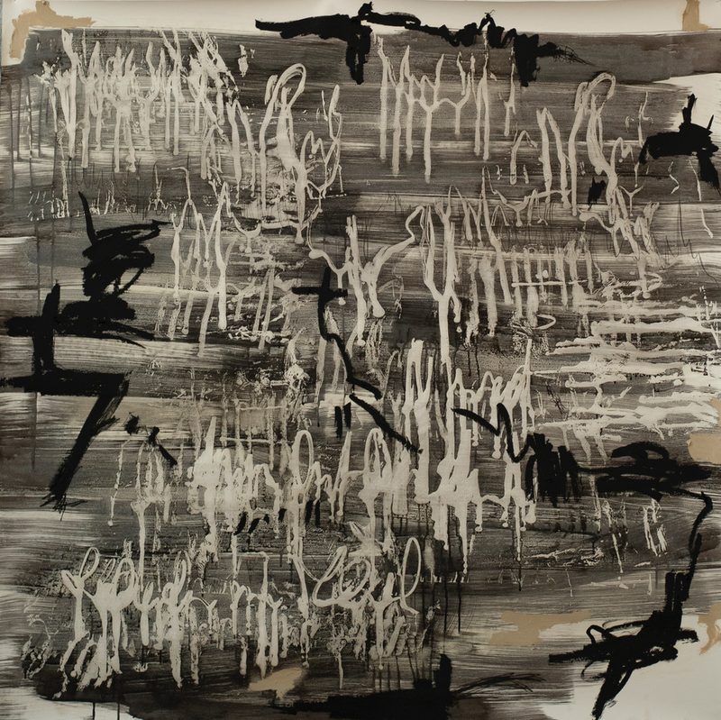 140x140, Mischtechnik/Papier, „black writings II.", 2020