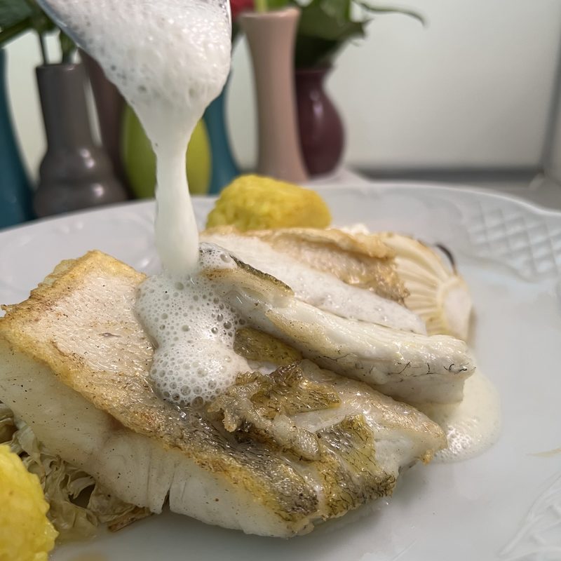 Zander an Weißweinschaum