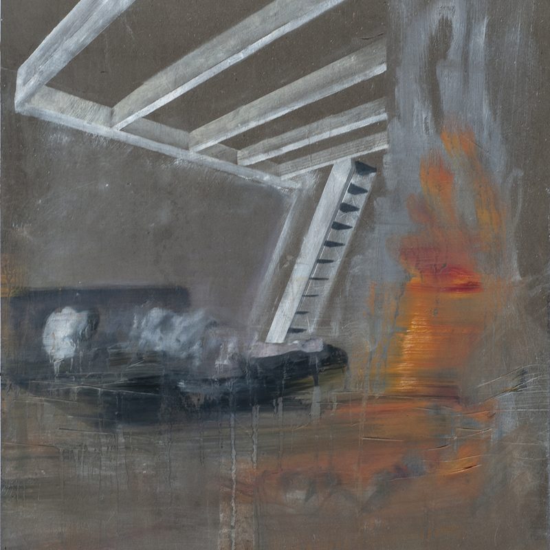 34,2 x 29,8, Mischtechnik/Linoleum, „ l´escalier “, 2021