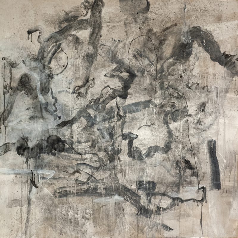 140 x 140, Mischtechnik/MdF, „aus dem Schatten im Umriss_, 2019