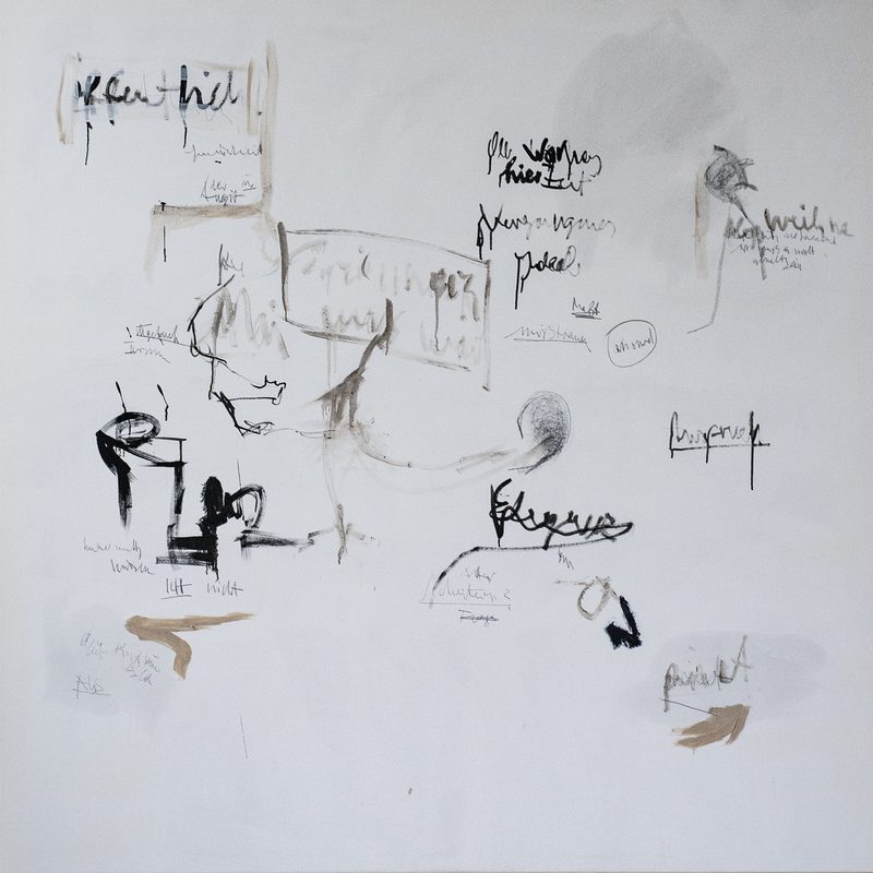 170 x 170, Mischtechnik/Leinwand, „Nottext-Textnot“, 2019